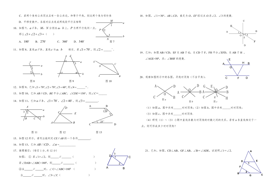 人教版七年级数学下册考点及典型题型总复习