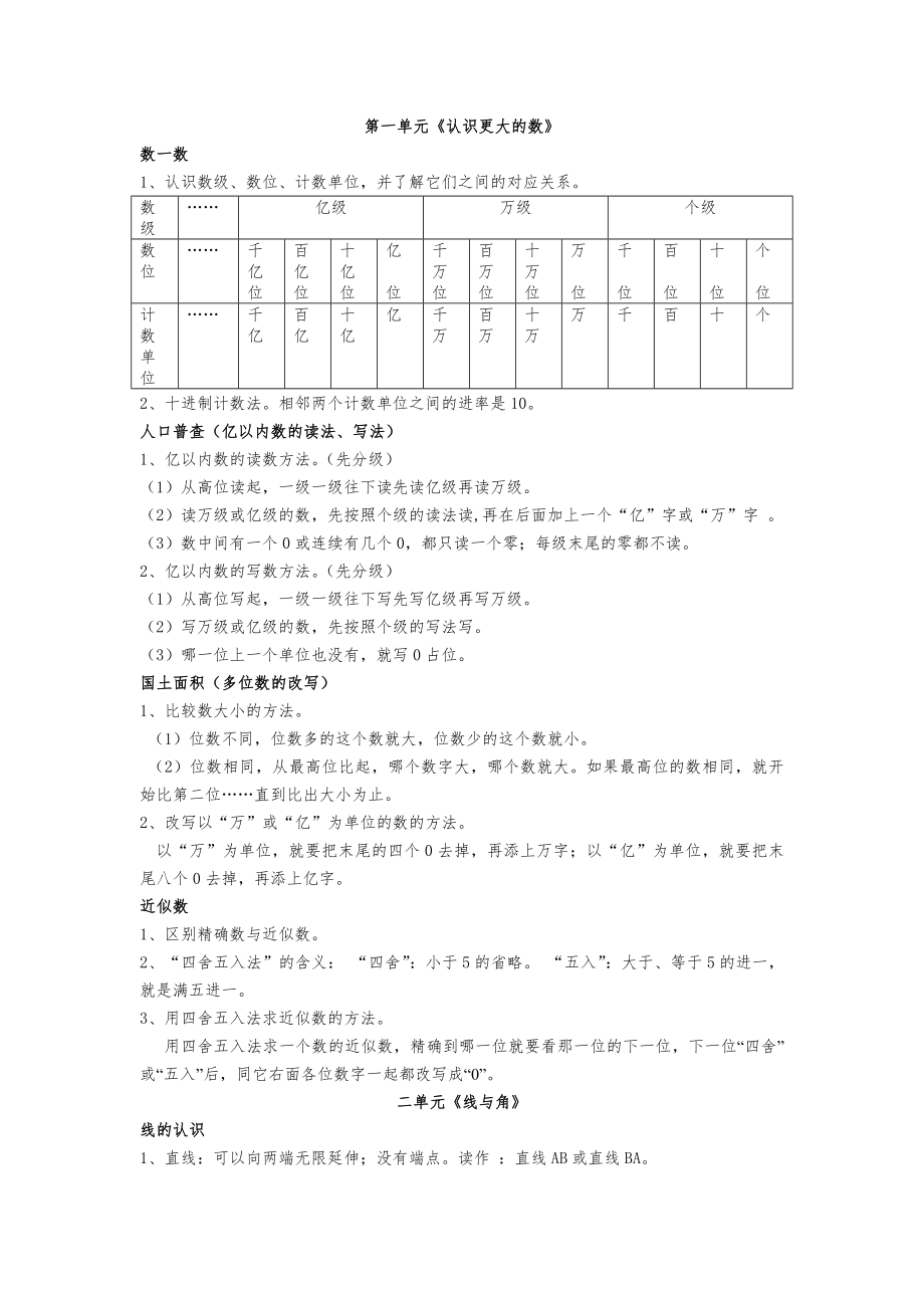 北师大四年级数学上册各单元知识点