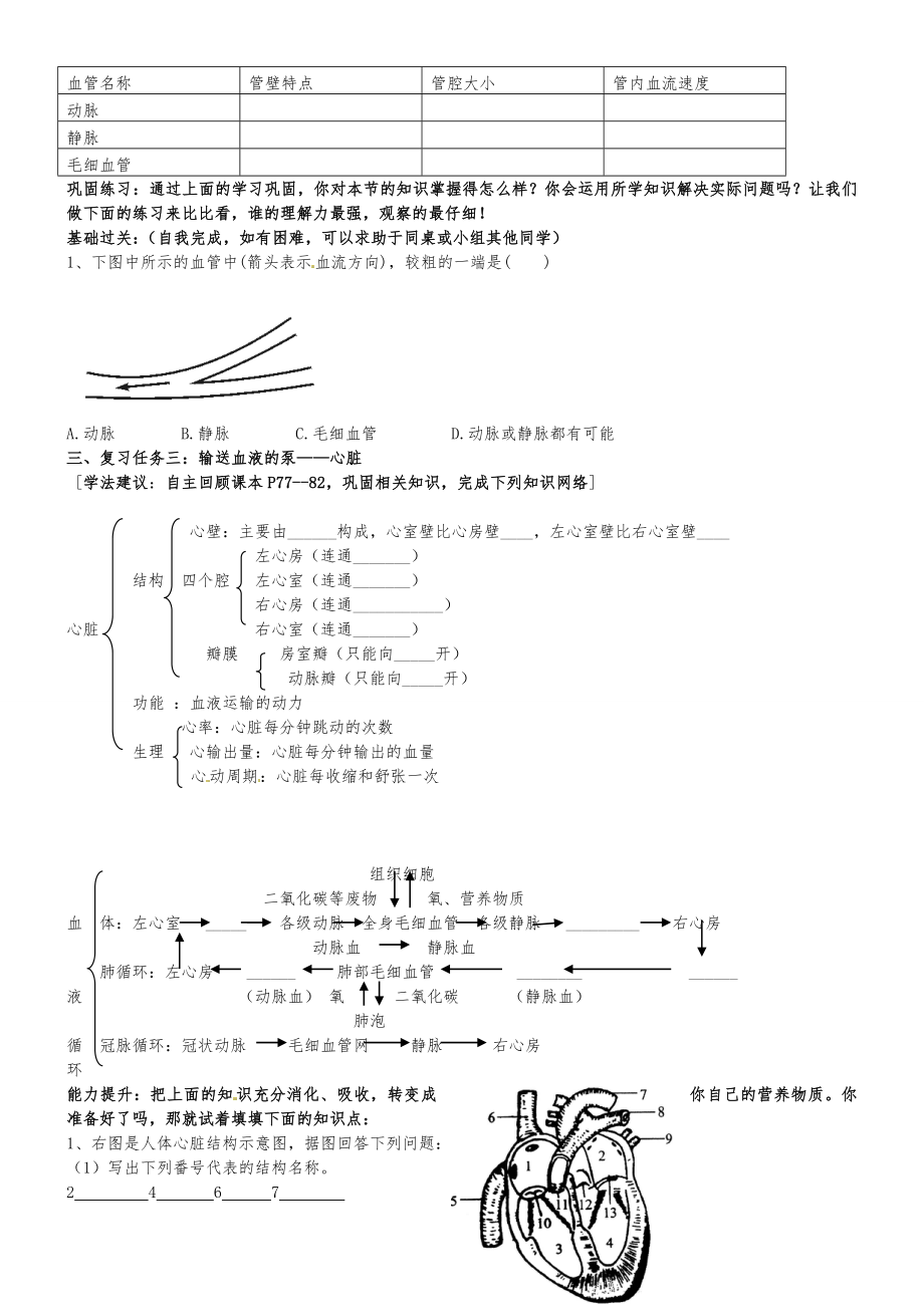 八年级生物上册 人体内物质的运输复习学案 新人教版