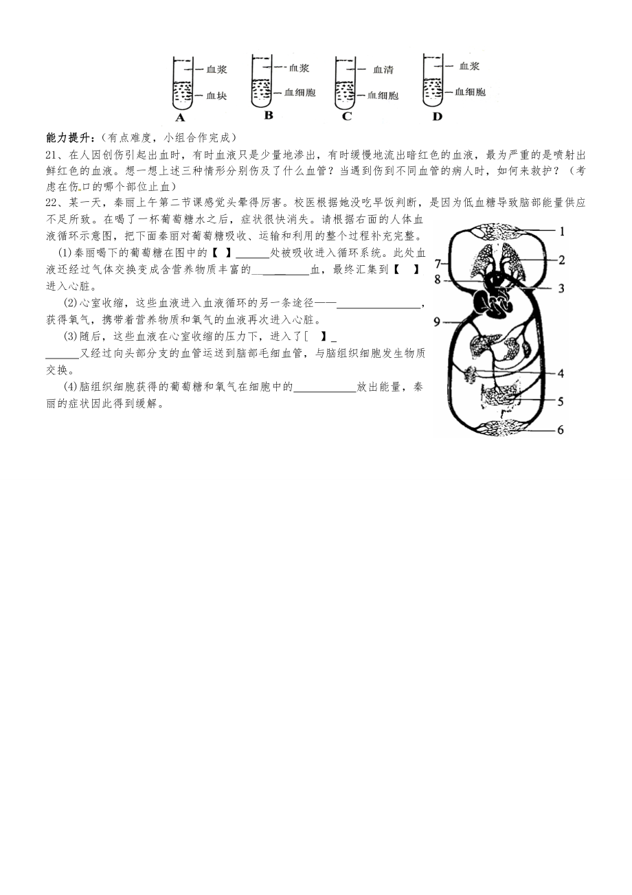 八年级生物上册 人体内物质的运输复习学案 新人教版