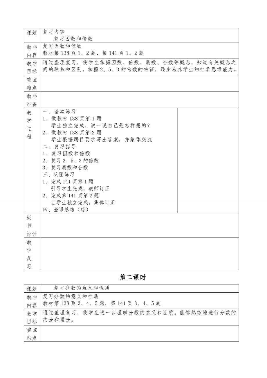 五年级下册数学总复习教案