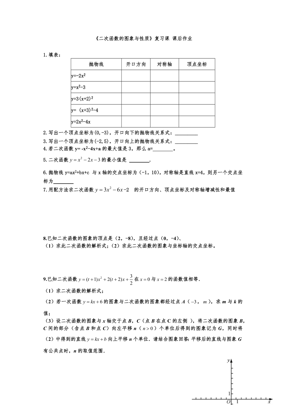 二次函数的图象与性质复习课 课后作业