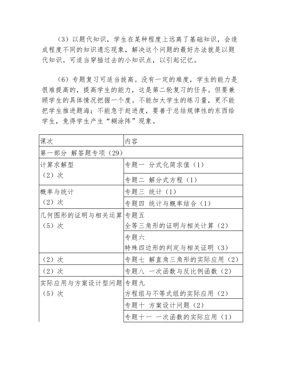 初中数学第二轮专题复习计划