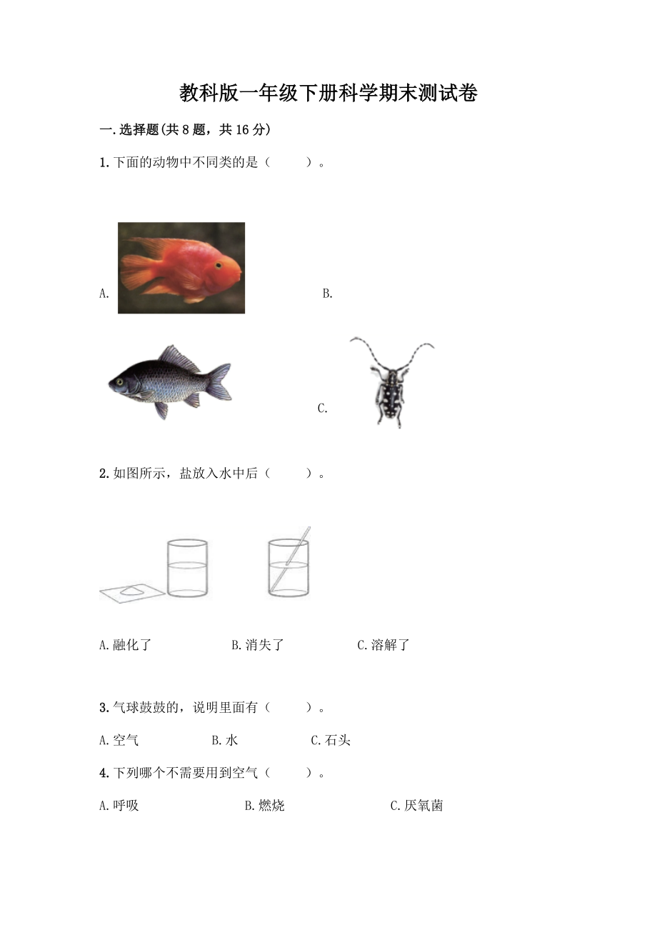 教科版一年级下册科学期末测试卷含答案