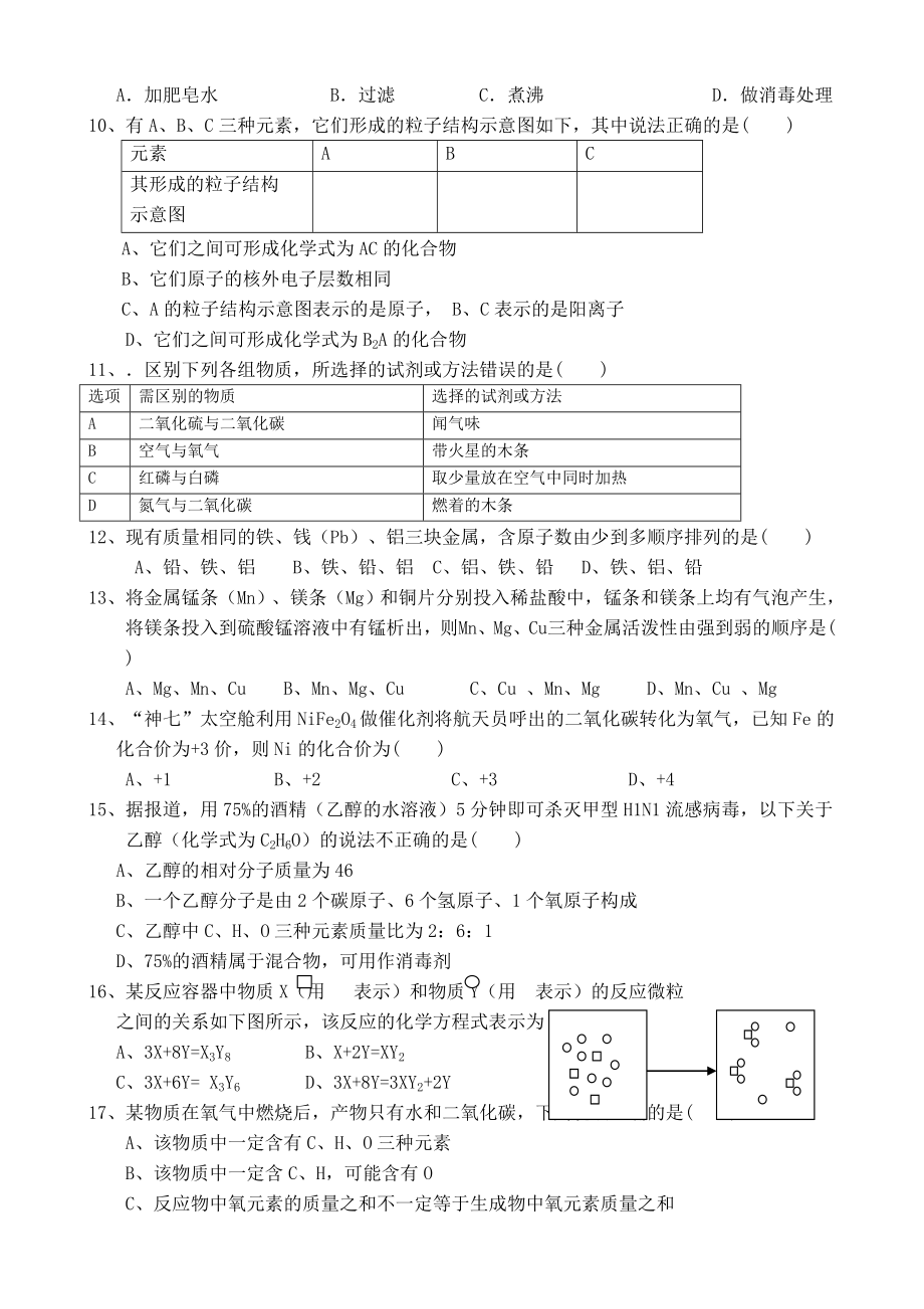 人教版九年级上册化学期末考试试题答案