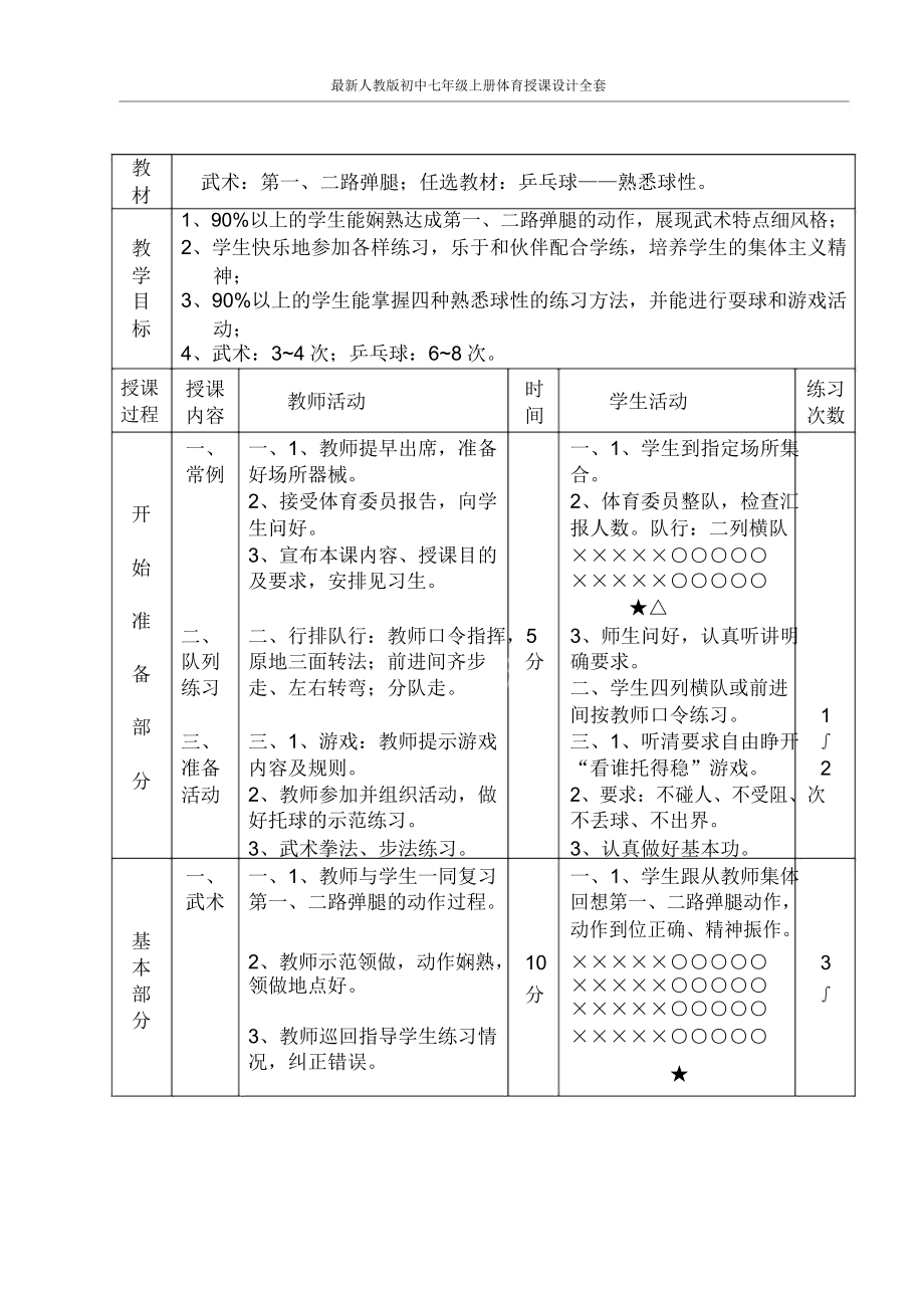 人教版七年级上册体育教案全套