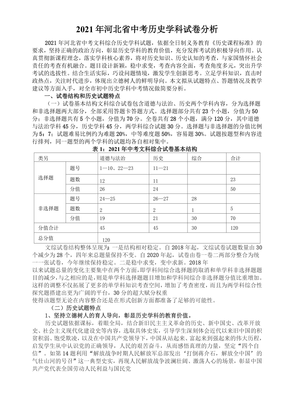 2021年河北省中考历史学科试卷分析