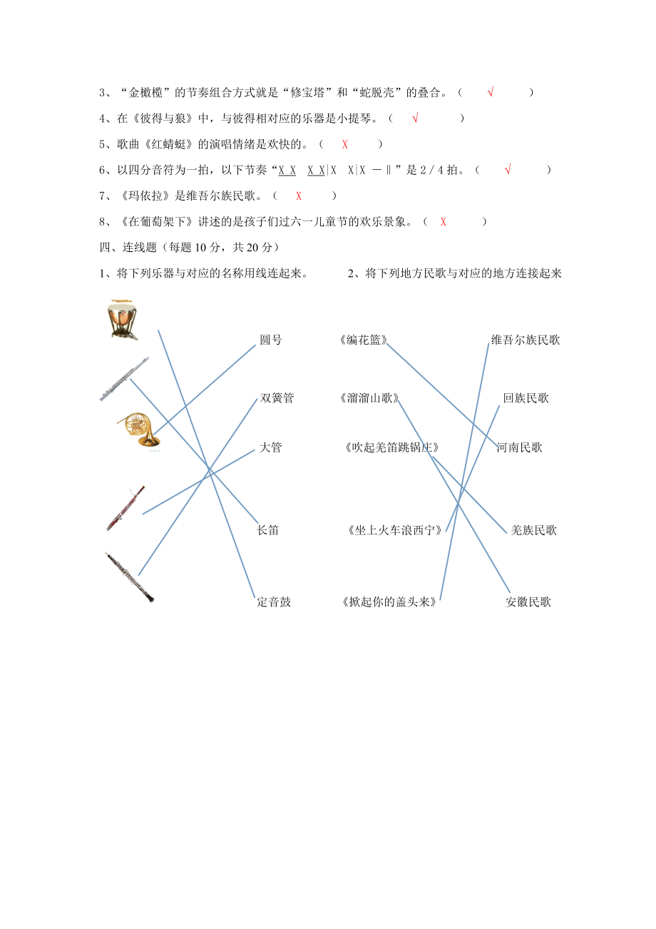 五年级下册音乐期末测试题答案