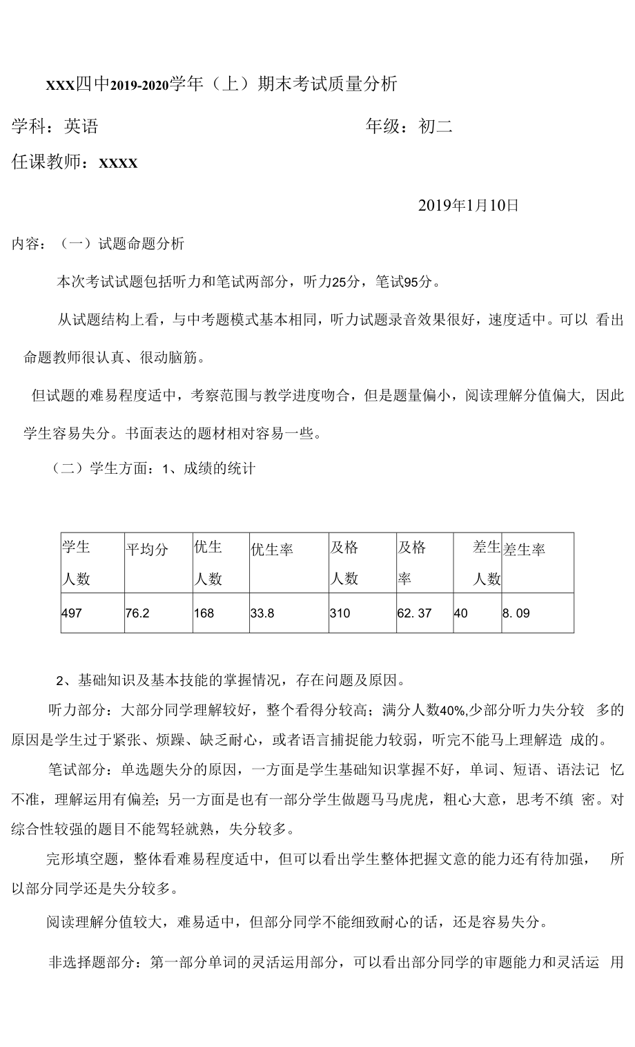 初二英语下学期期末质量分析