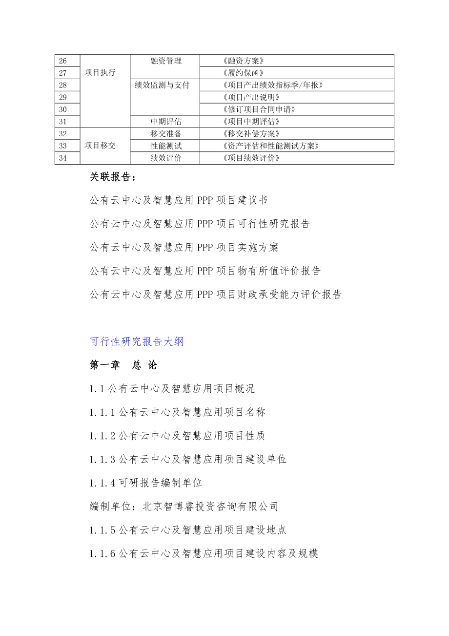 政府和社会资本合作(PPP)公有云中心智慧应用项目可行性研究报告(编制大纲)