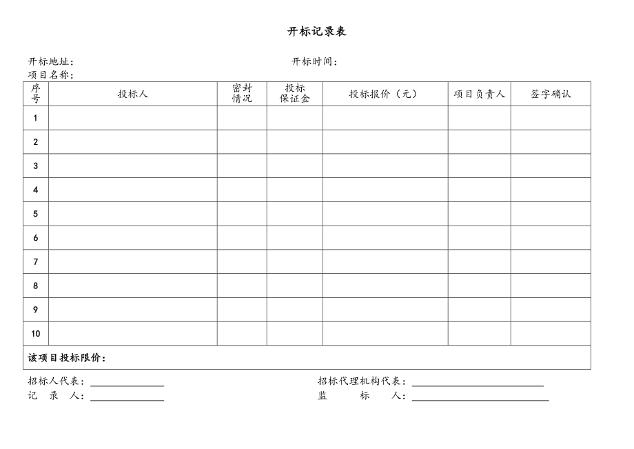 招标代理开标所需全套表格（完整版）