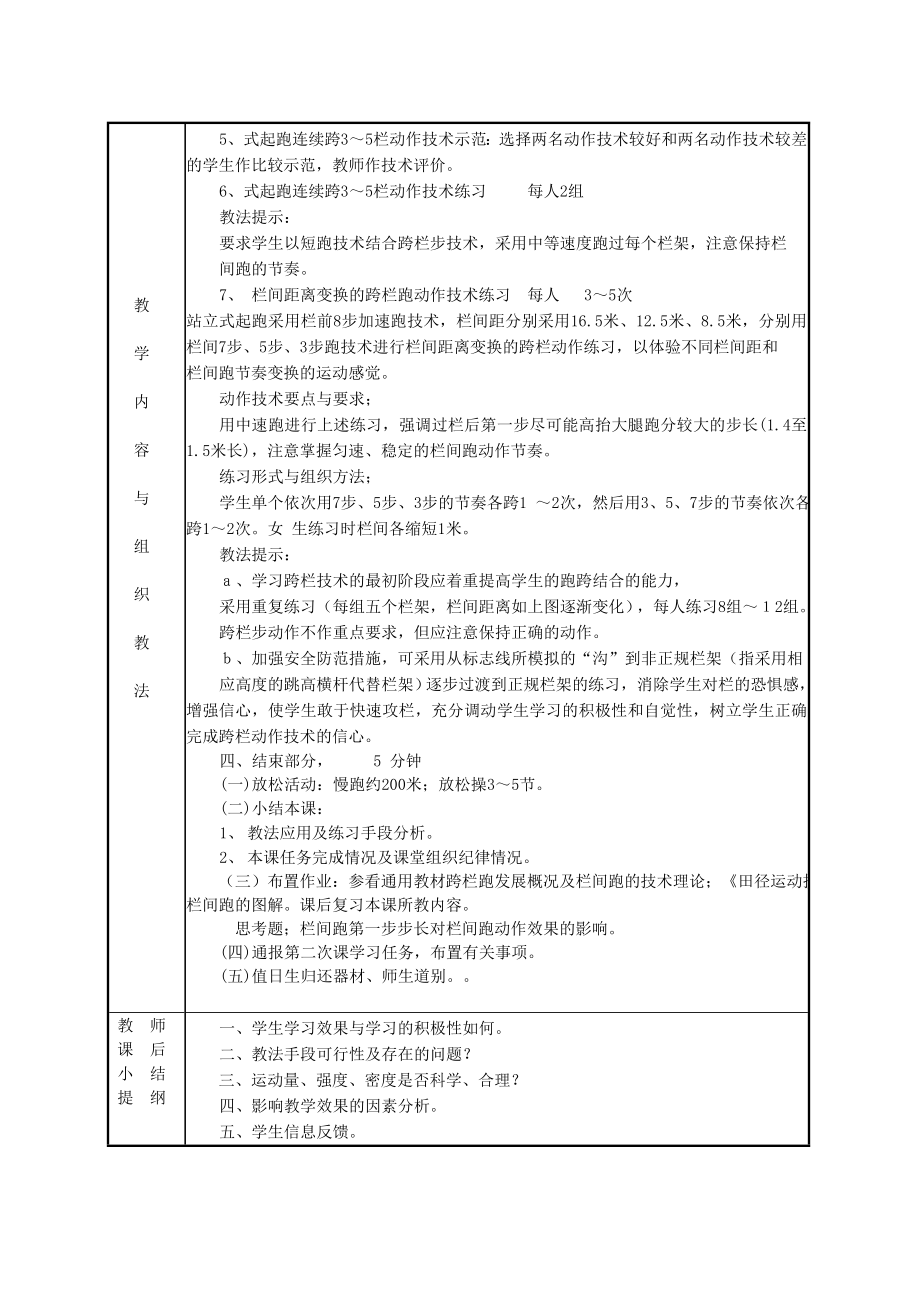 跨栏跑技术教学授课教案（全套教案）