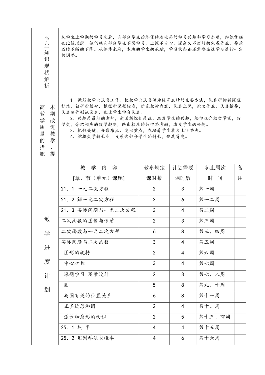 新人教版九年级数学上册教案全套表格式