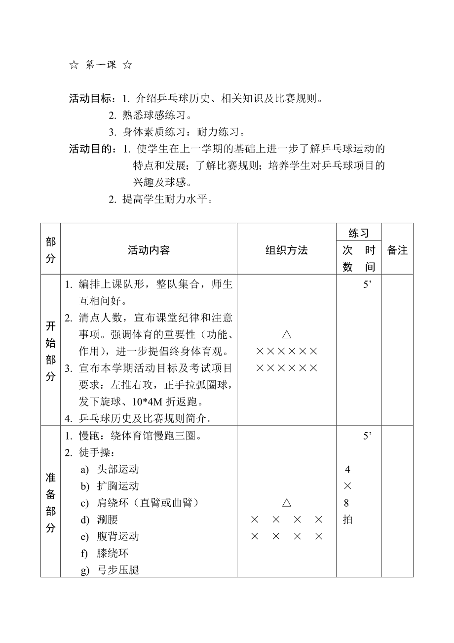 乒乓球校本课程教案全册可编辑可打印