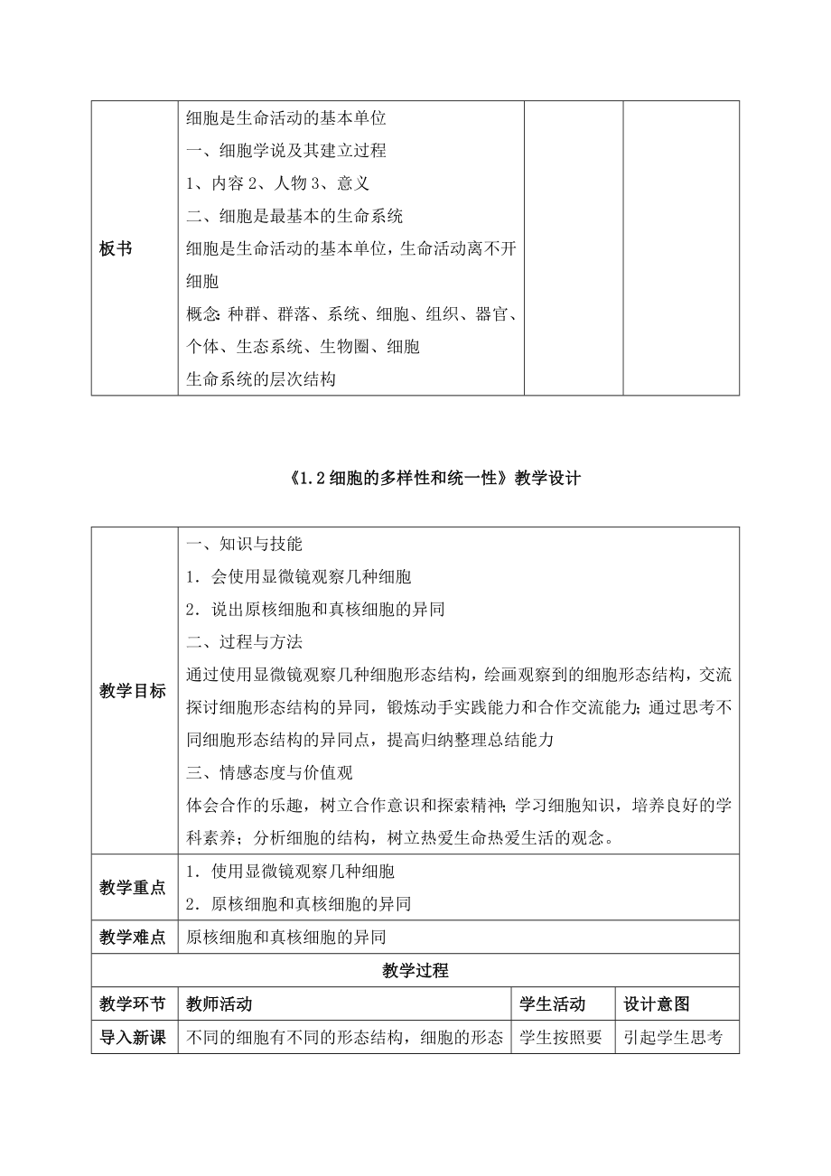 2021年人教版高中生物必修一教学设计全套