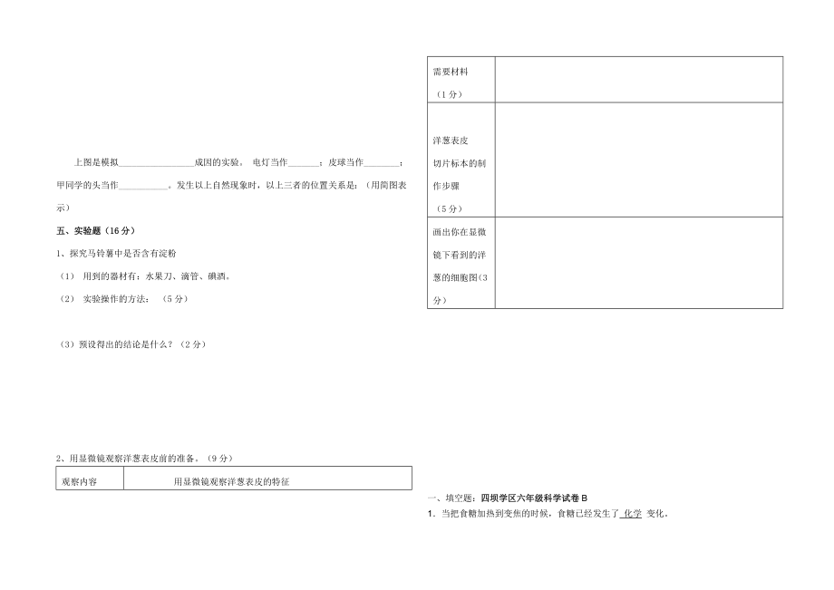 六年级科学下册试卷