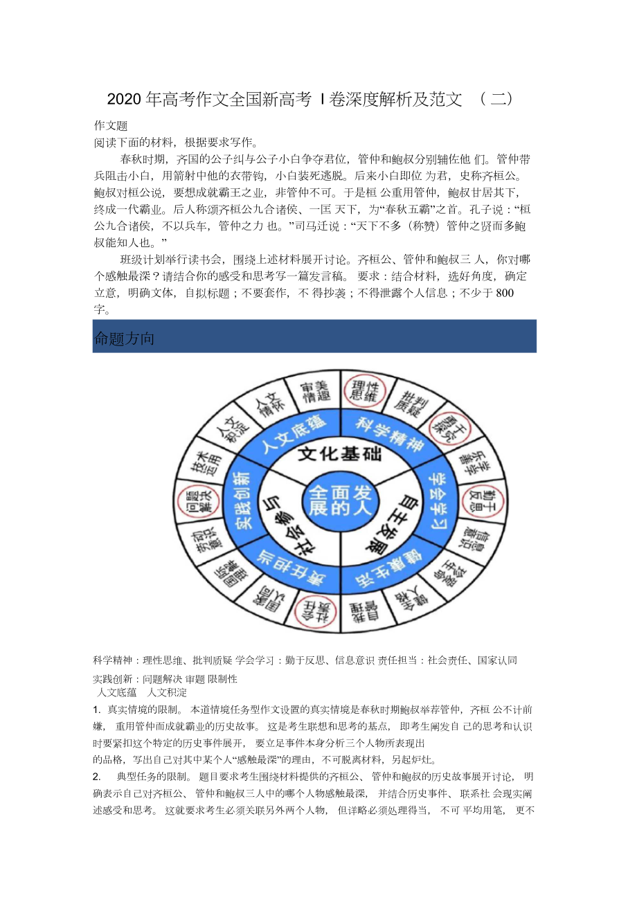 2020年高考作文全国新高考I卷深度解析范文