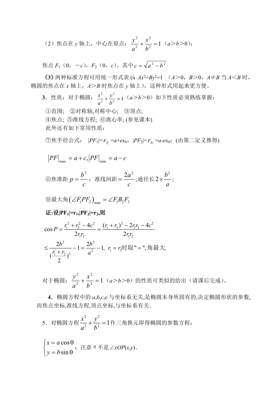 高考数学椭圆方程性质