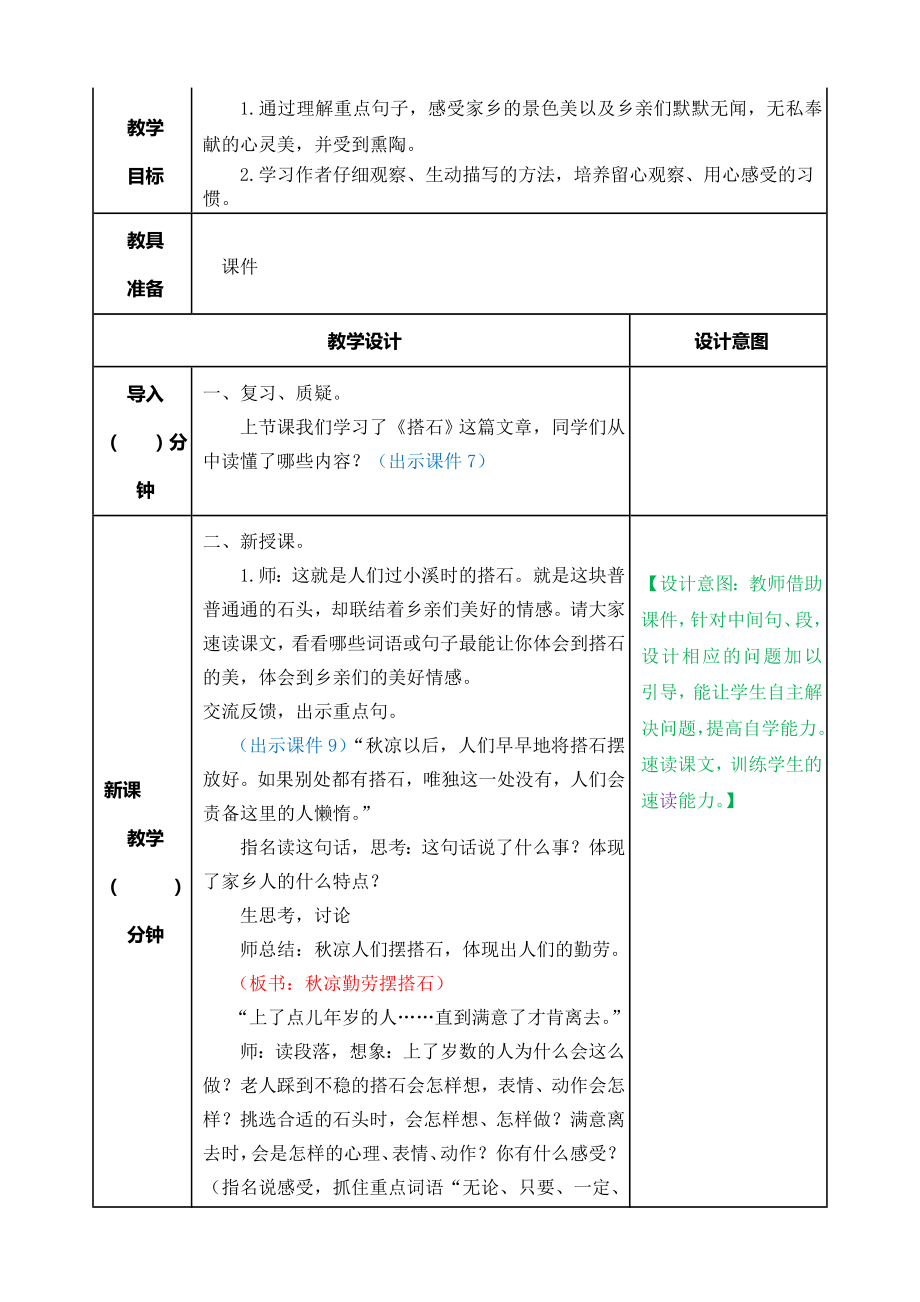 部编版小学五年级语文2021学年部编版第五课搭石教学设计表格式