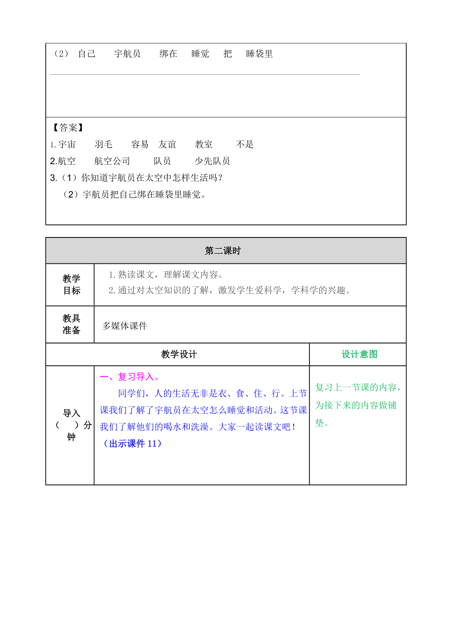 部编版小学二年级语文2021学年部编版第18课太空生活趣事多教案表格式