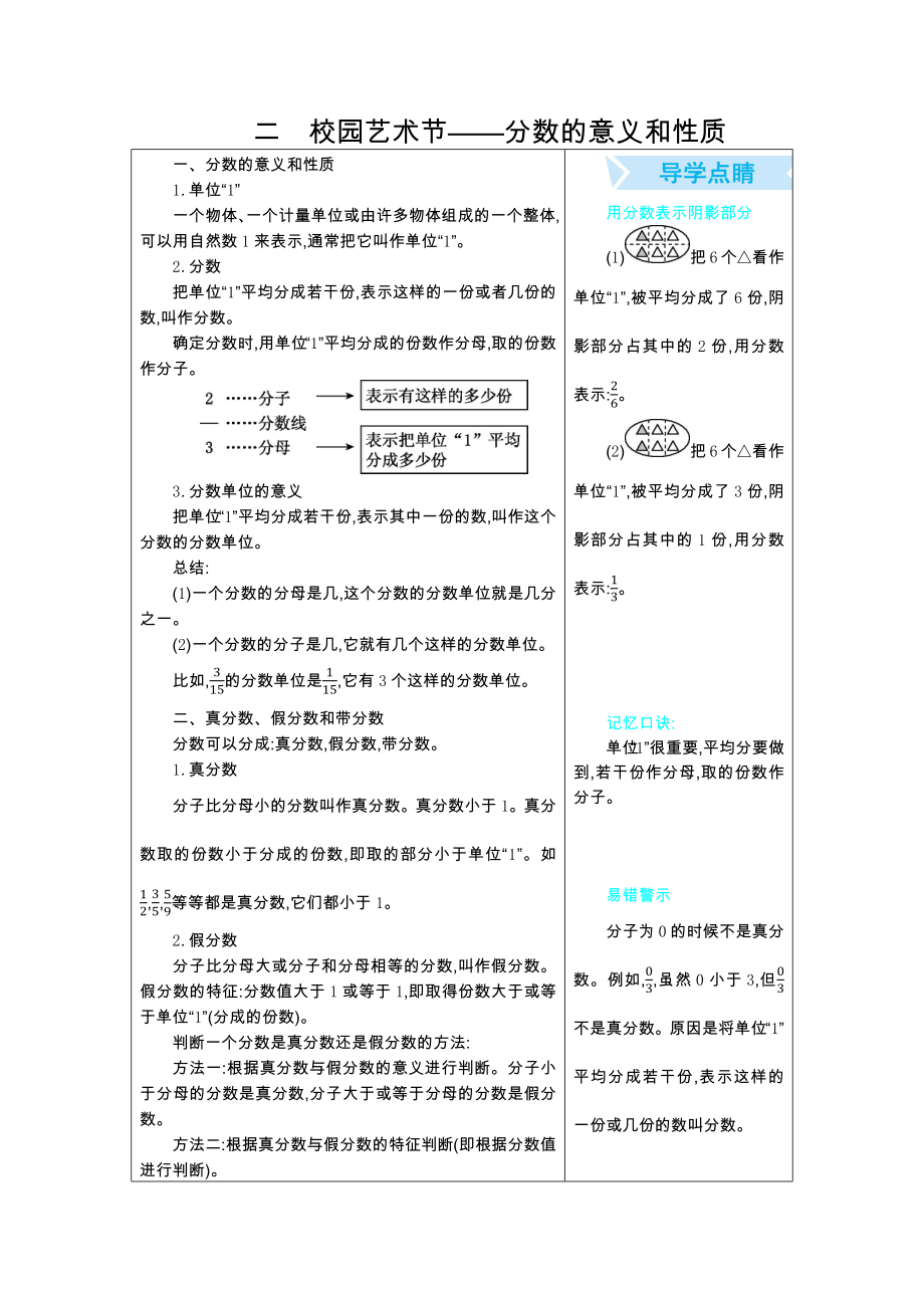 青岛版五年级第二单元校园艺术节——分数的意义和性质知识点及易错题