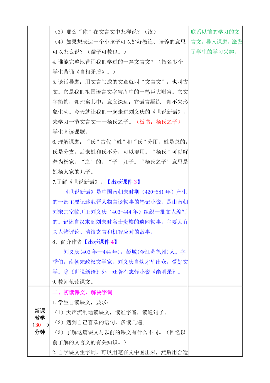 部编版小学五年级语文2021学年部编版第21课杨氏之子教案表格式