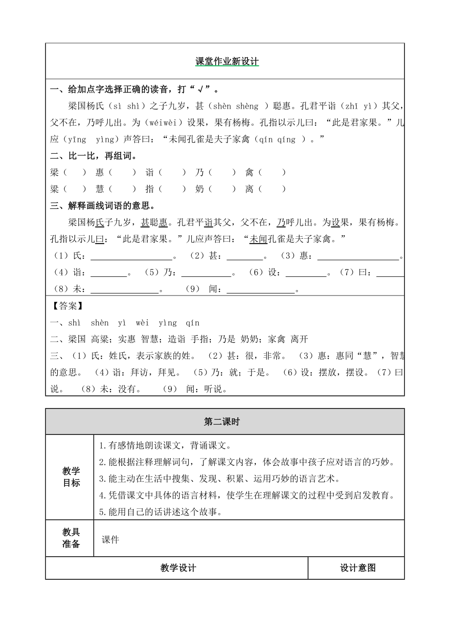 部编版小学五年级语文2021学年部编版第21课杨氏之子教案表格式