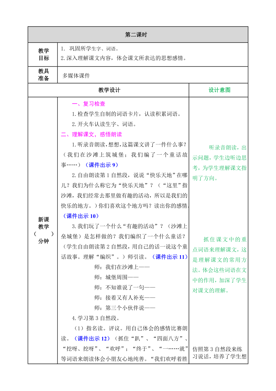 部编版小学二年级语文2021学年部编版二下第10课沙滩上的童话教案表格式