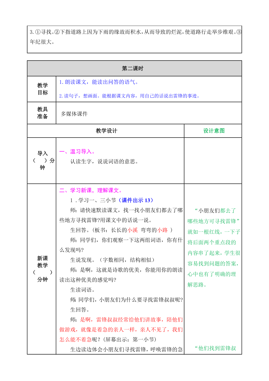 部编版小学二年级语文2021学年部编版二下第5课雷锋叔叔你在哪里教案表格式