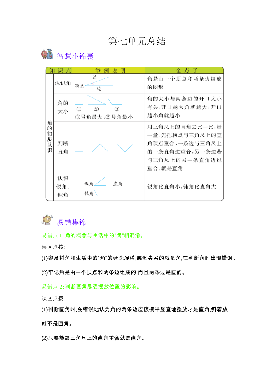 苏教版二年级下册第7单元角的初步认识知识点及易错题