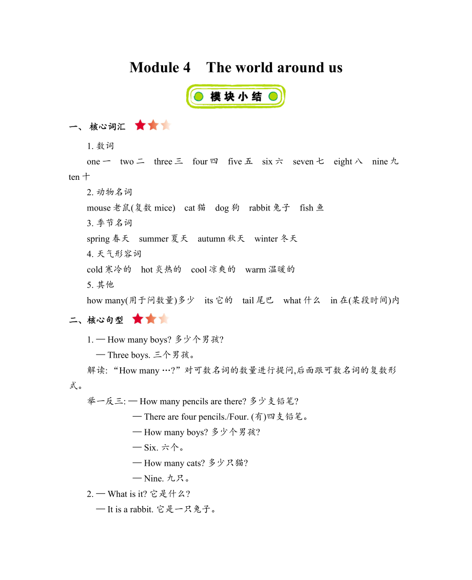 上海版牛津英语三年级上册Module4知识点清单