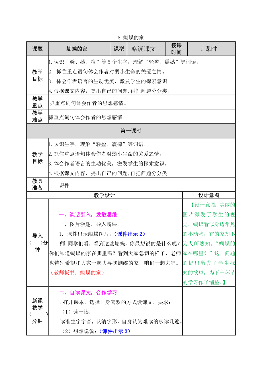 部编版小学四年级语文2021部编版第八课蝴蝶的家教学设计表格式