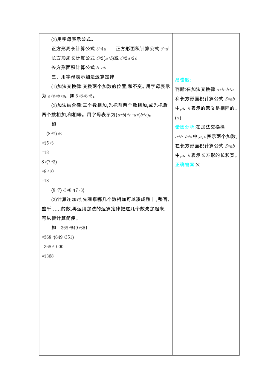 冀教版四年级数学下册第2单元用字母表示数知识点及易错题