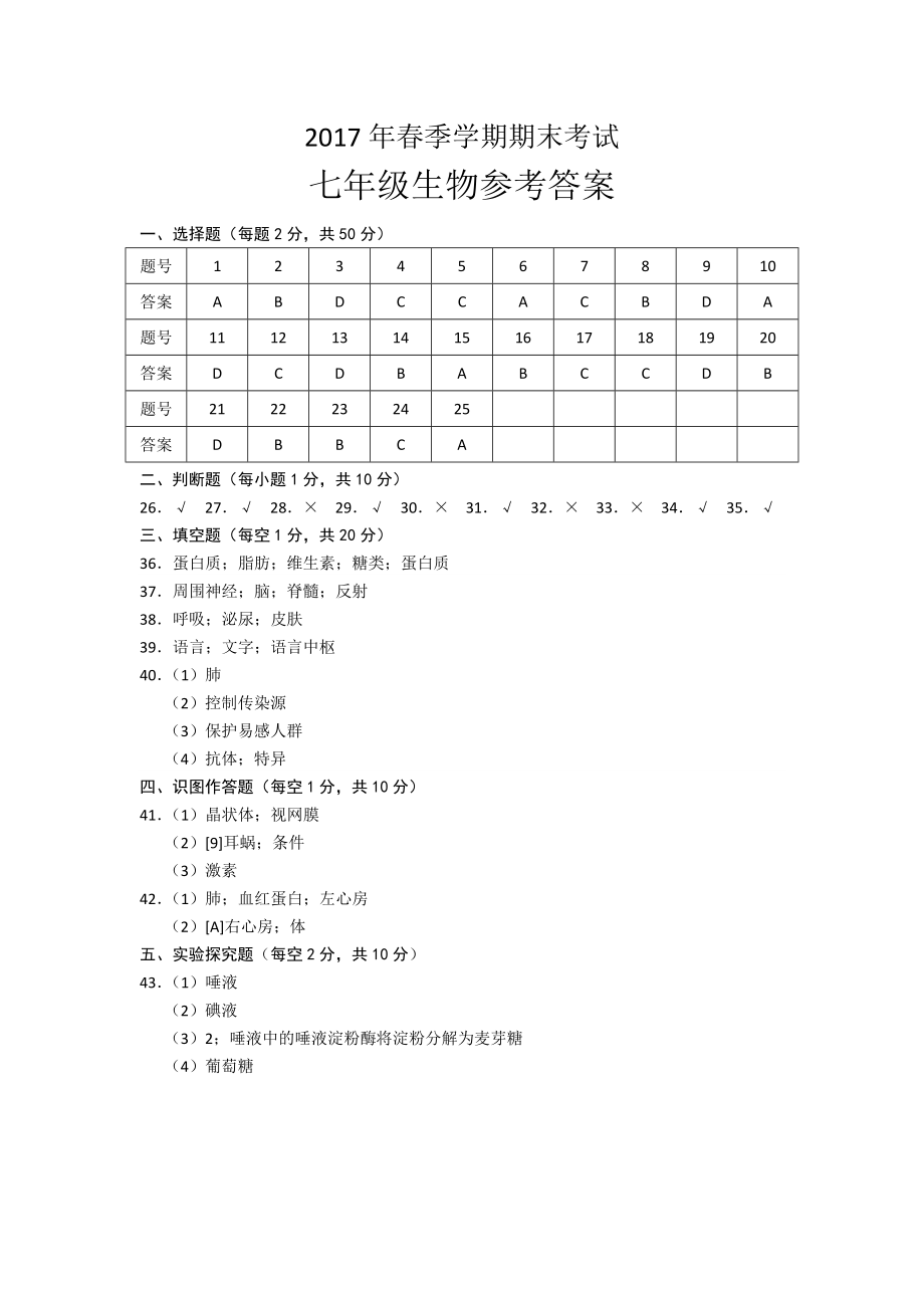 钦州市第二学期七年级生物期末试题及答案