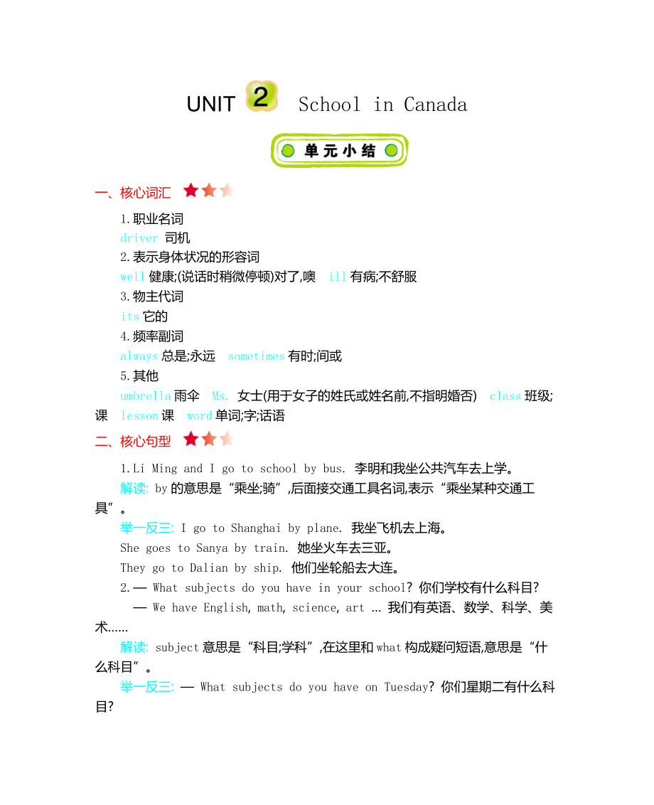 冀教版六年级英语上册Unit2知识点清单