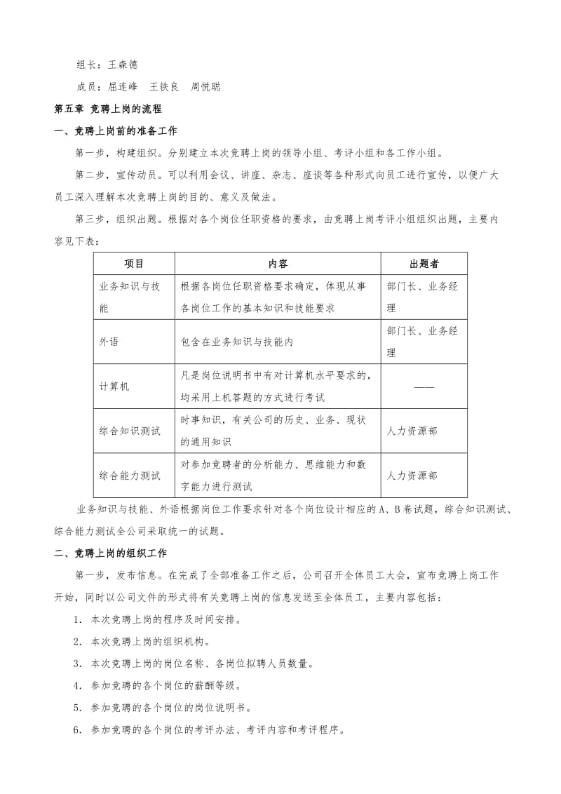 管理人员竞聘上岗方案