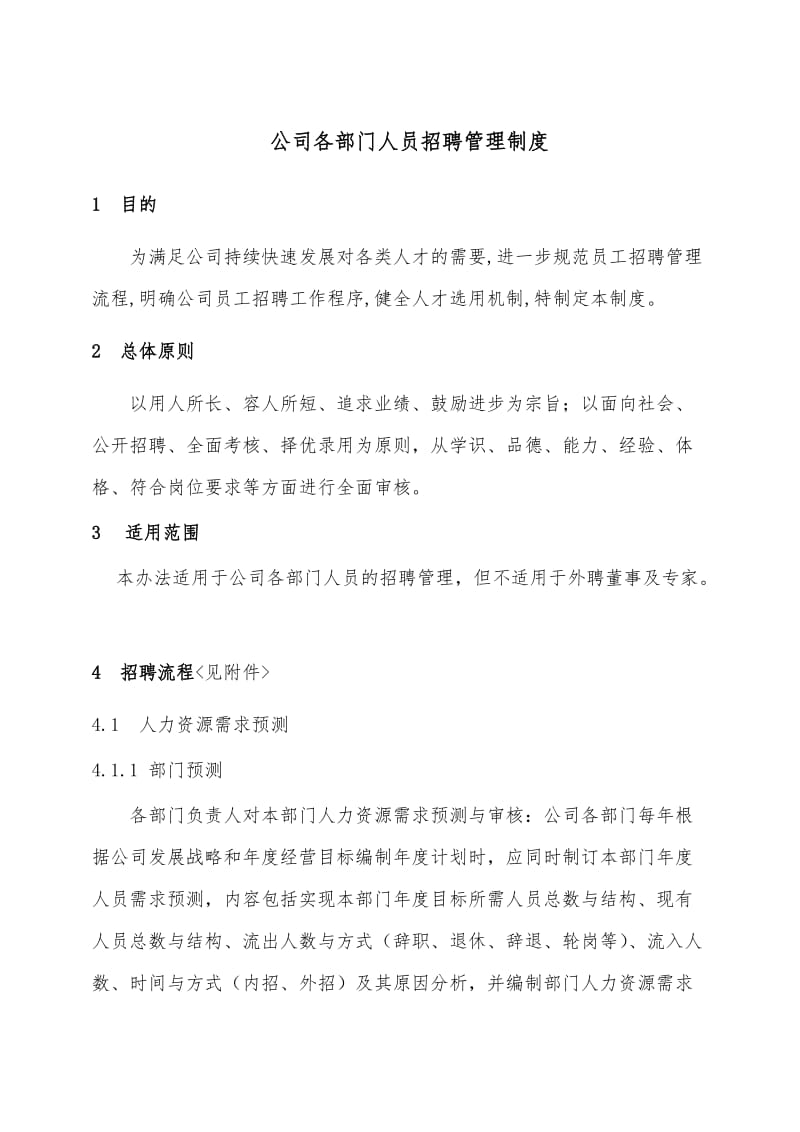 公司各部门人员招聘管理制度