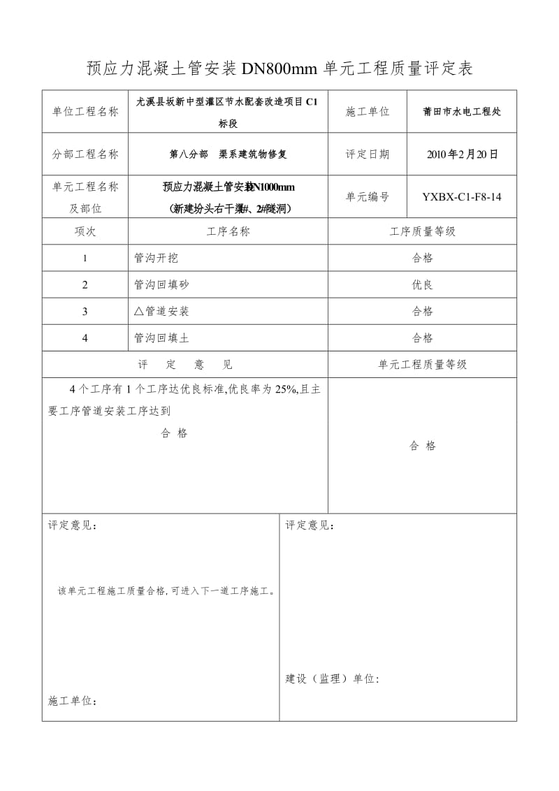 预制砼排污管单元工程质量评定表