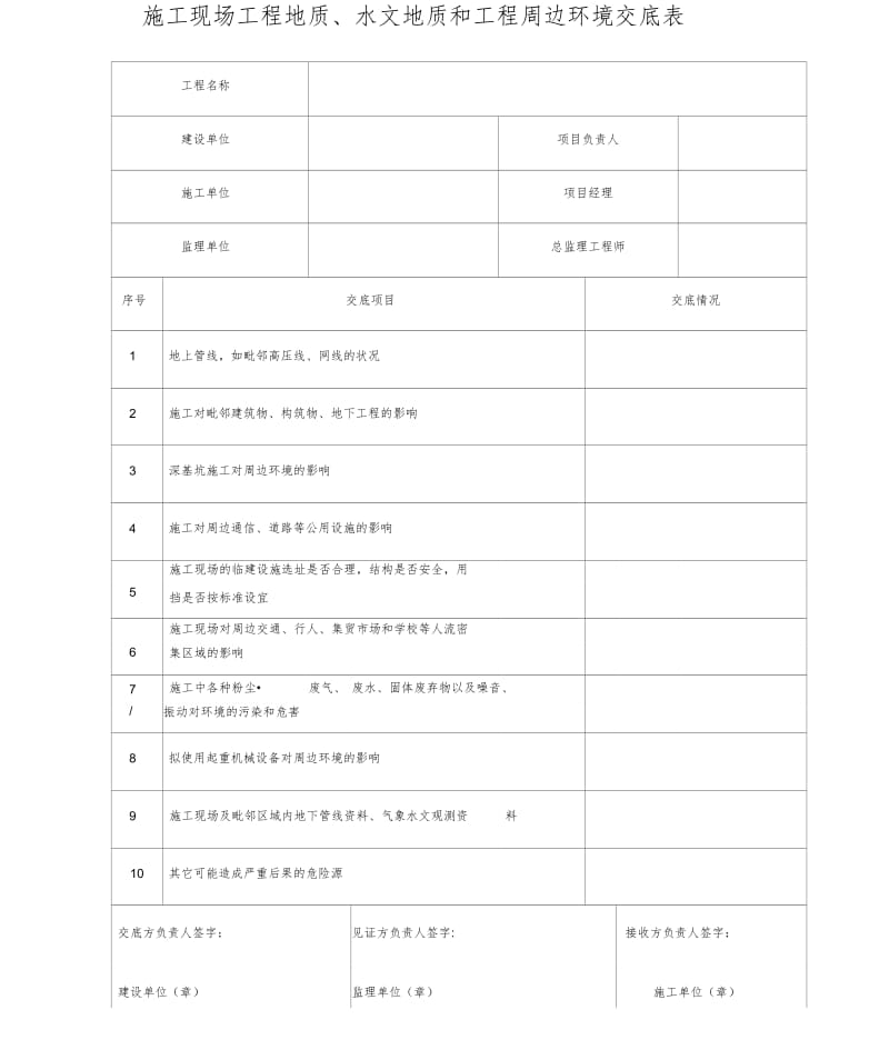 施工现场工程地质、水文地质和工程周边环境交底表