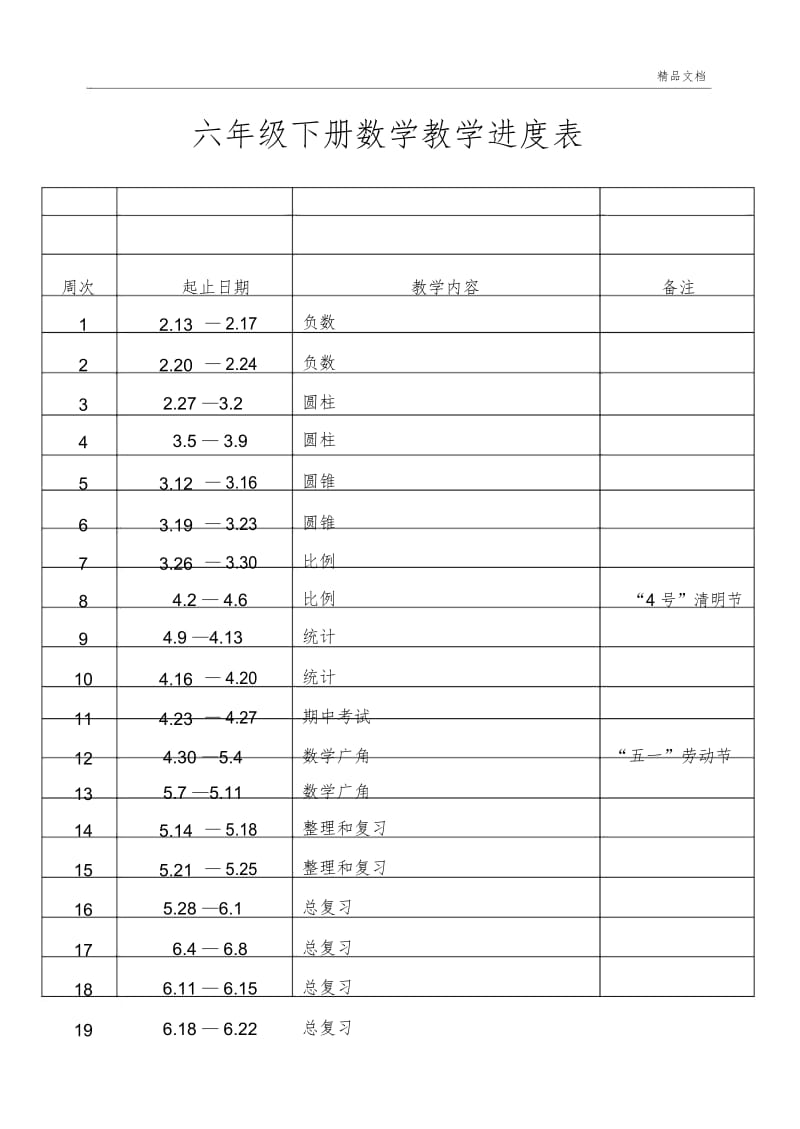 六年级下册数学教学进度表