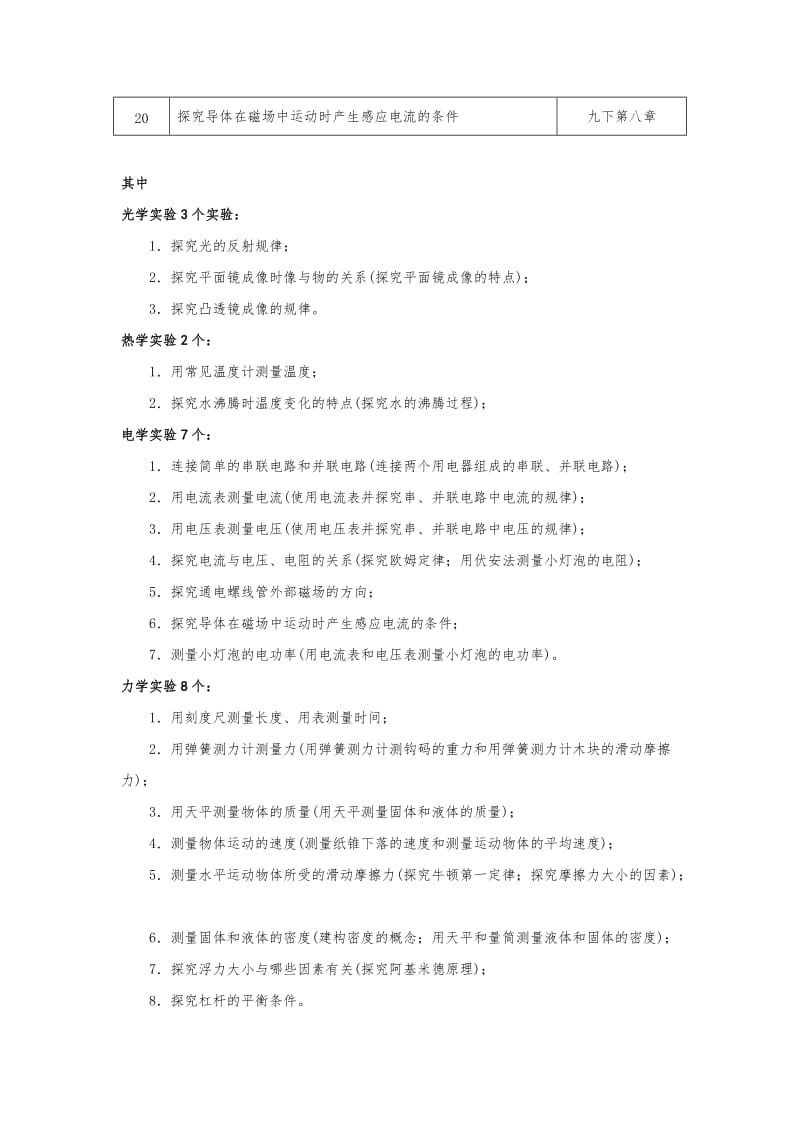 初中物理新课程标准必做20个学生实验及答案