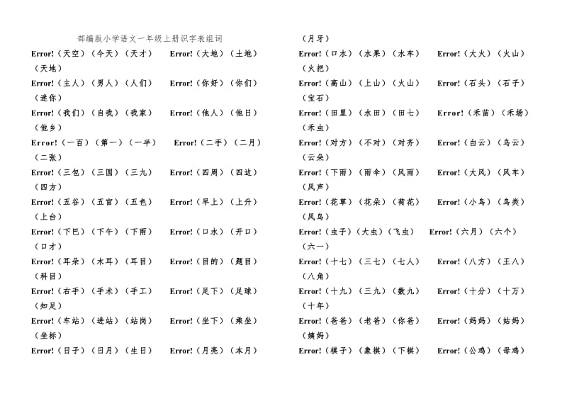 部编版小学语文一年级上册识字表组词