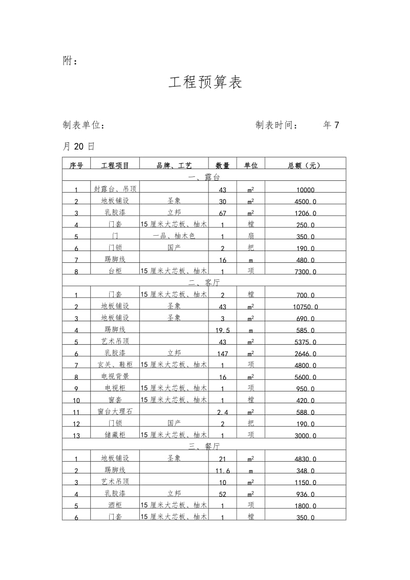 房屋装修合同及预算清单