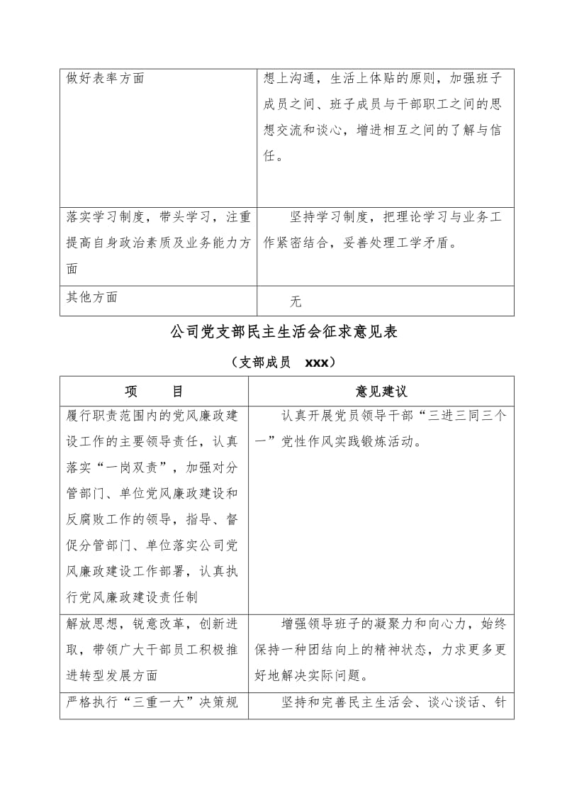 公司民主生活会征求意见表