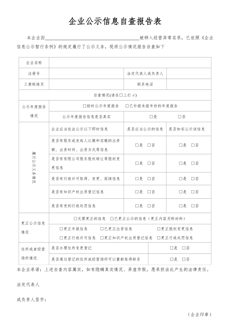 企业公示信息自查报告表