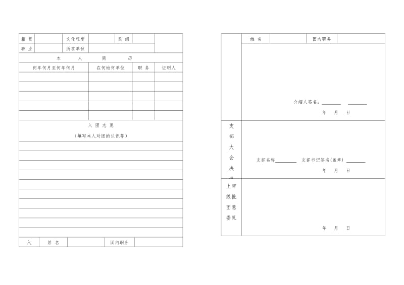 免费入团志愿书表格(空白)A3大小纸张