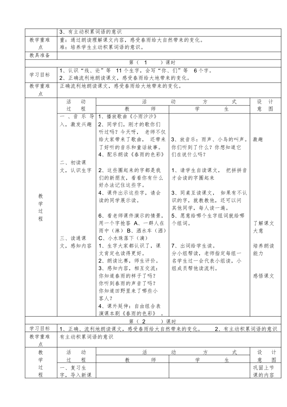 小学一年级语文下册全册电子教案【表格式】10