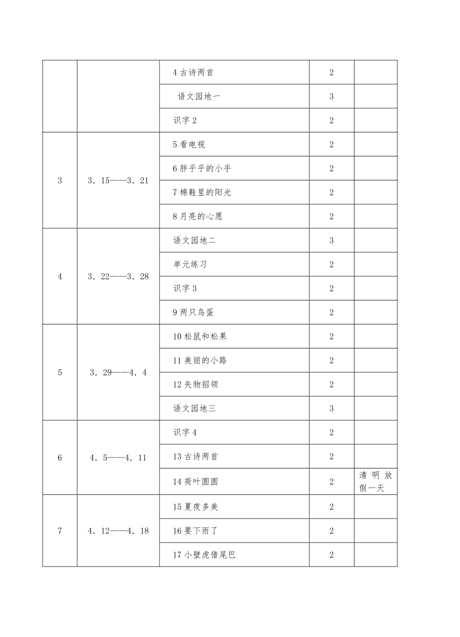 人教版小学一年级语文下册教案全册教学计划1