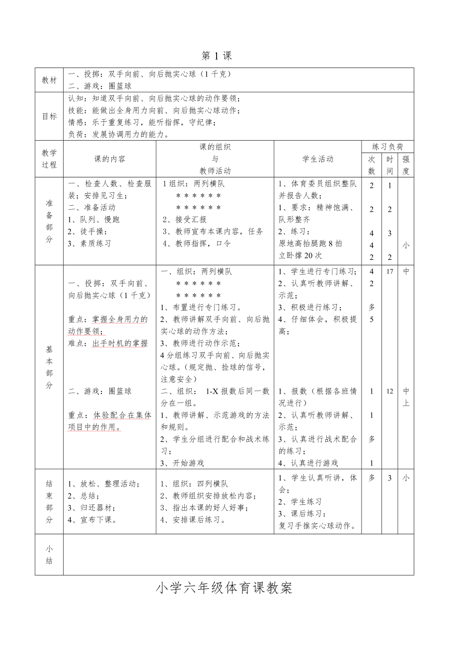 小学六年级下期体育教案(全册54课时)12