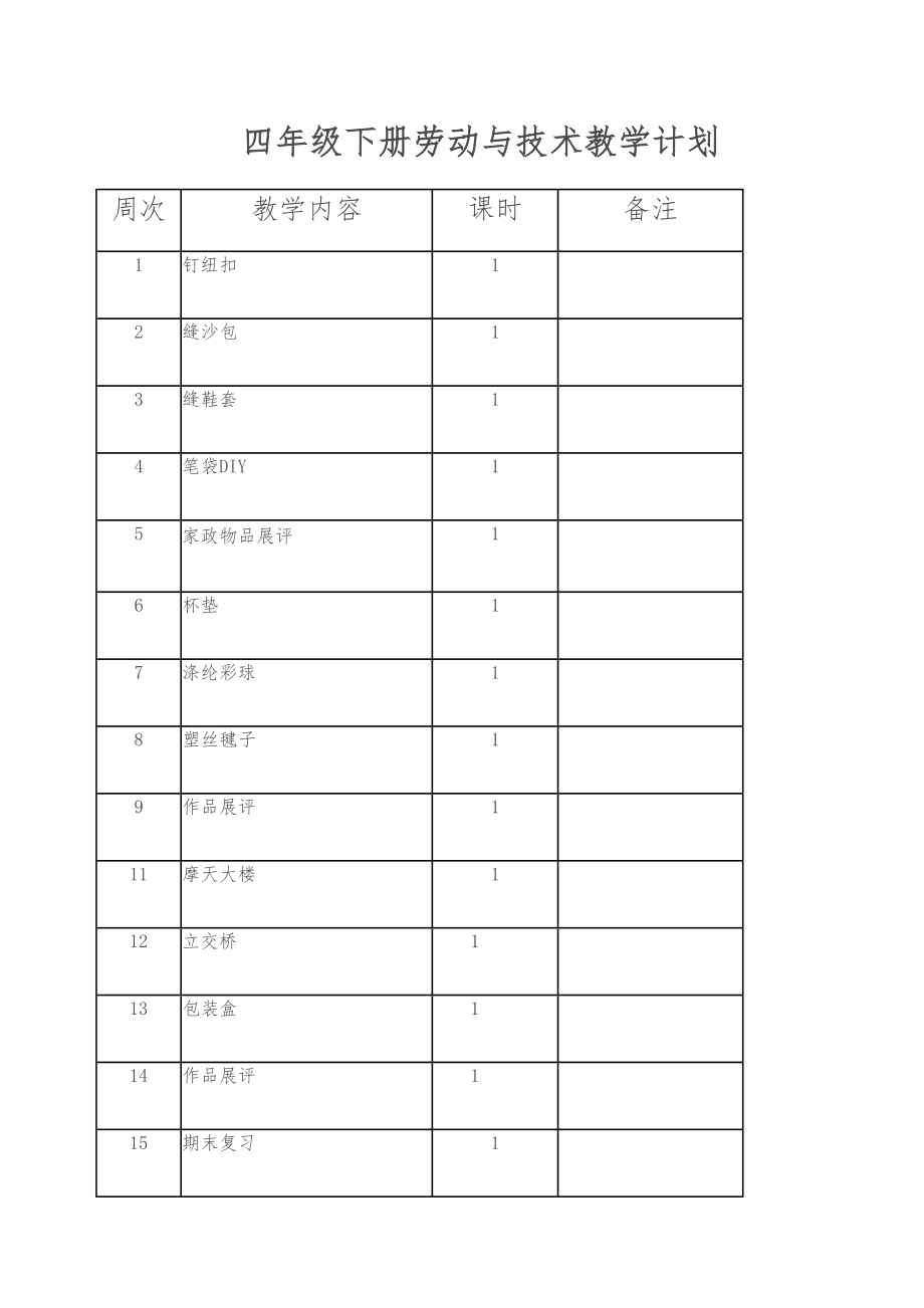 四年级下册劳动技术教案